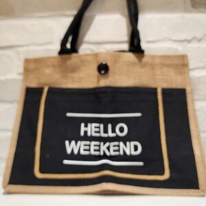 Hello Weekend Black and Tan Tote Bag